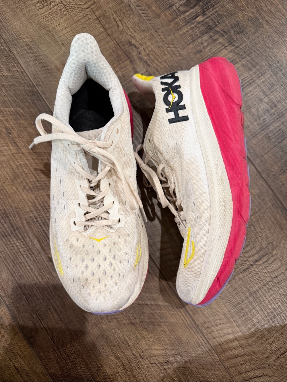 Hoka Women's Cream Running Shoes with Pink Midsole and Yellow Accents